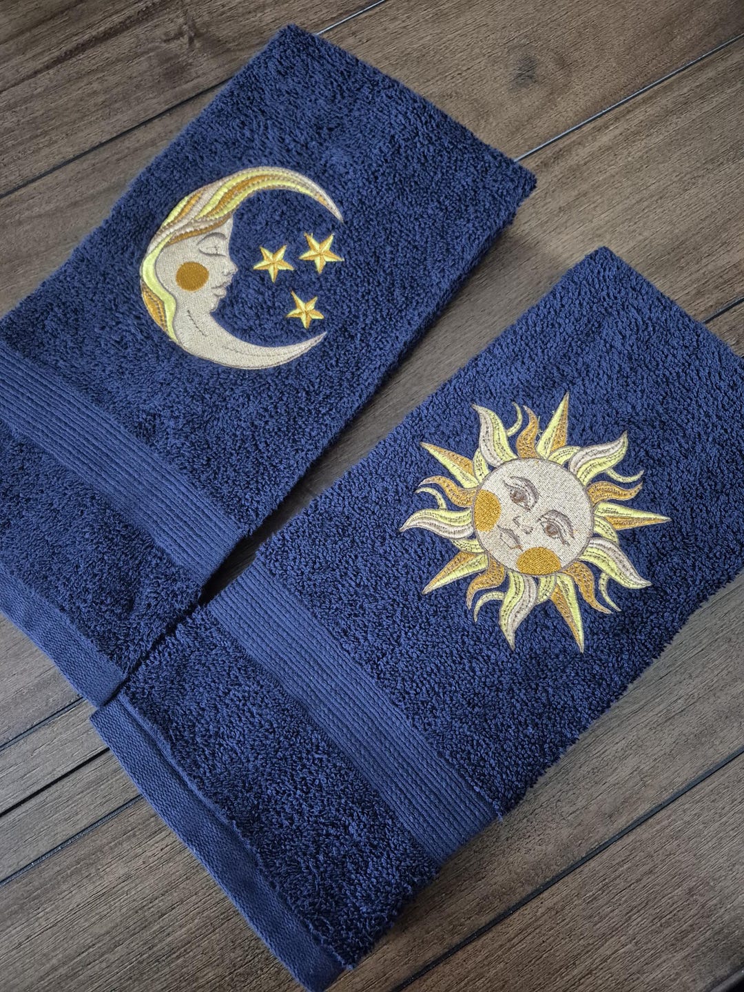 Whimsical Celestial Sun & Moon Embroidered Hand Tea Towel
