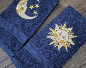 Whimsical Celestial Sun & Moon Embroidered Hand Tea Towel