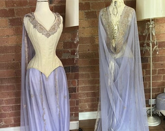 24” One of a kind upcycled lavender and gold beaded sari corset gown
