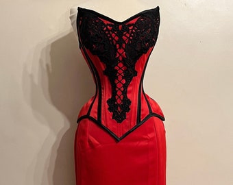 25” red and black lace trimmed corset and skirt set