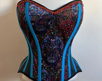 30” multicoloured velvet skull overbust corset with lace trim