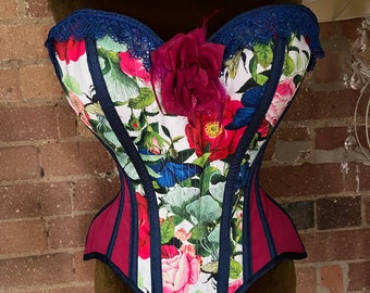 28” brightly coloured flower and bee print steel boned overbust corset
