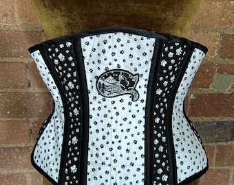 30” black and white cat paw print steel boned underbust corset