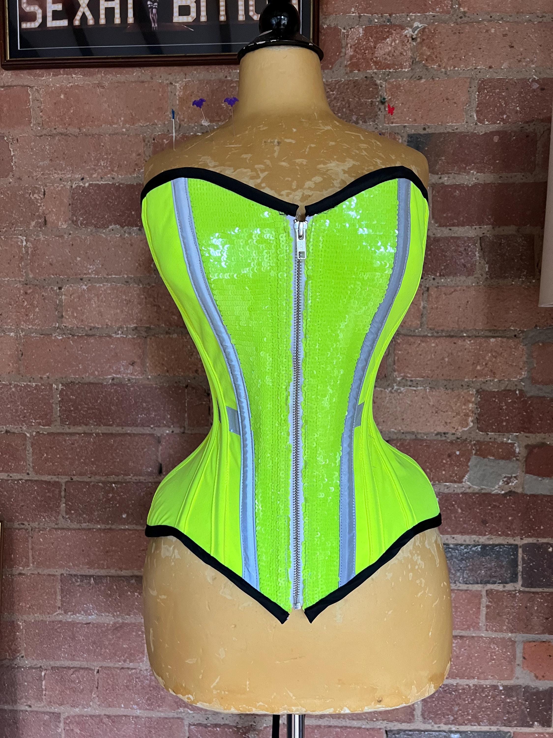 24” Bright Yellow High Vis Sequin Reflective Zip Front Overbust