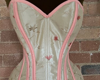 27” Peaches and cream embroidered taffeta  overbust corset