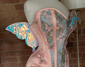 25” fairy butterfly wing peach and glitter iridescent overbust corset