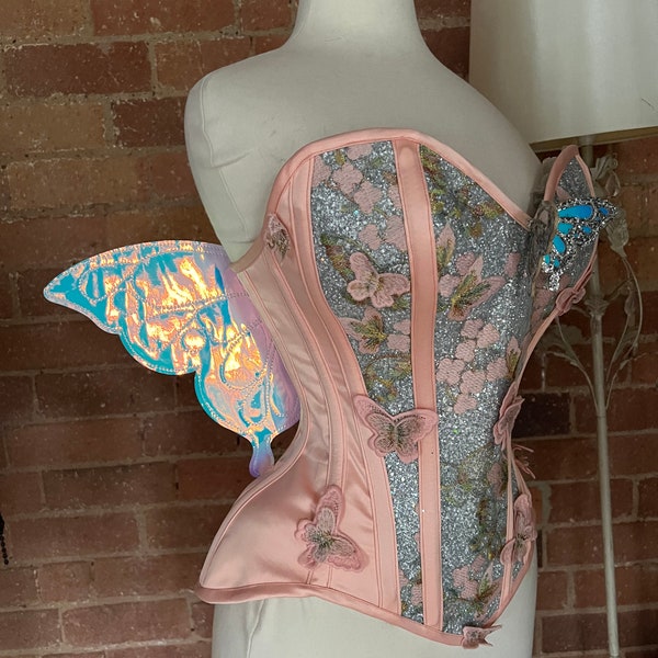 25” fairy butterfly wing peach and glitter iridescent overbust corset