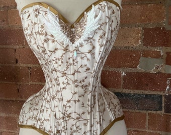 Ivory and gold embroidered silk angel overbust corset (21” waist)