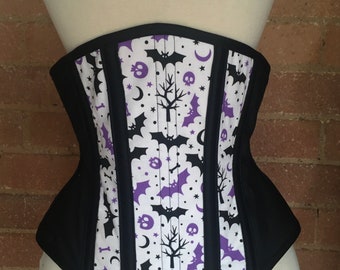 26” Halloween bat and skull print underbust corset