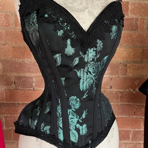 22” Black and green floral brocade overbust corset