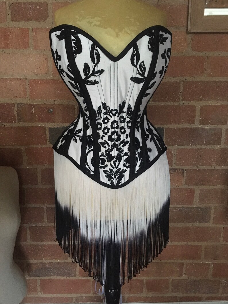 28\u201d waist Flocked silk and fringe black and white overbust corset