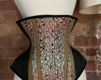 26” multicoloured rainbow metallic scale brocade underbust corset
