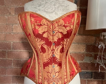30” one of a kind flame red and orange silk brocade overbust corset with wide steel busk