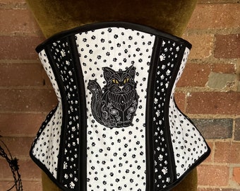 28” black and white cat paw print underbust corset