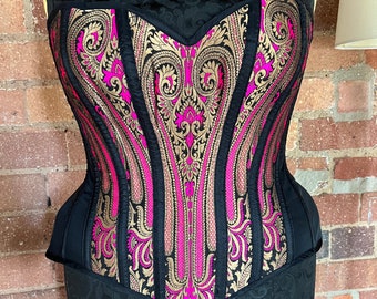 32” Shocking pink, gold and black overbust corset