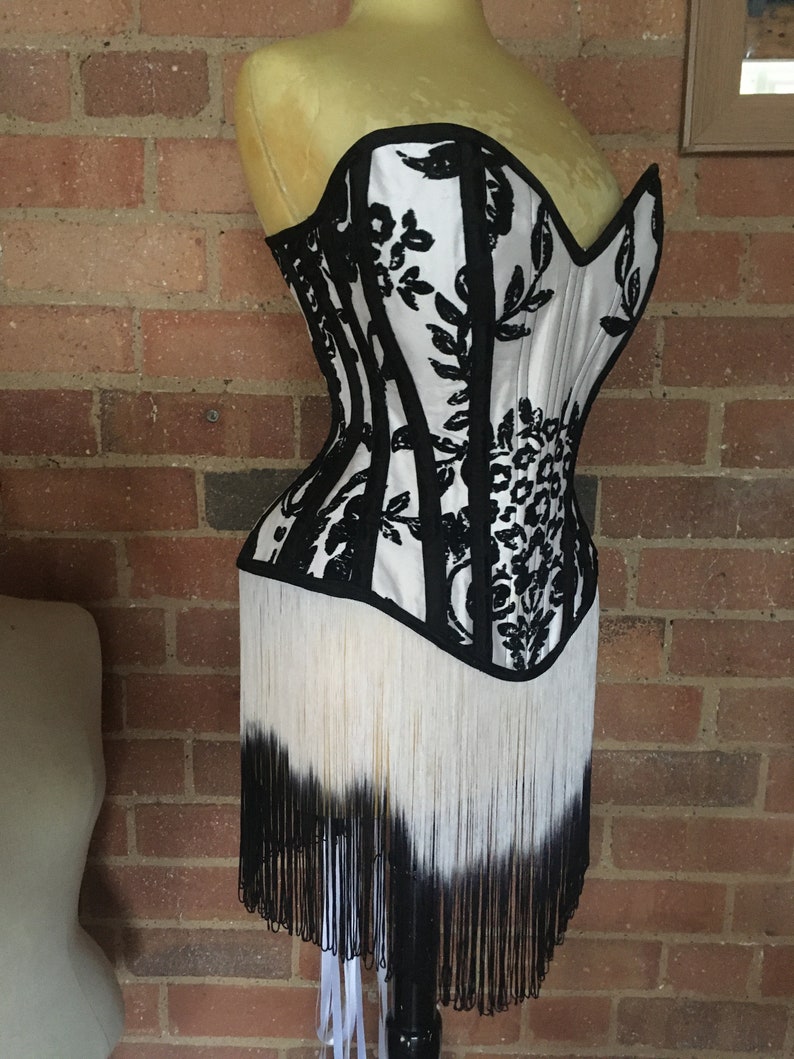 28\u201d waist Flocked silk and fringe black and white overbust corset