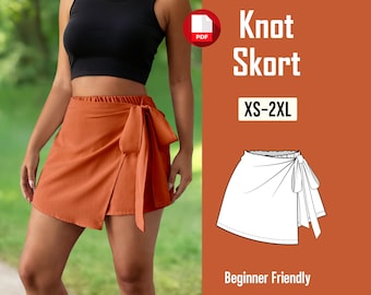 Patrón PDF de costura de falda pantalón con nudo / Patrón de falda cruzada para mujer / Patrón de pantalones cortos para verano / Patrón digital de minifalda / Falda con lazo fácil al frente