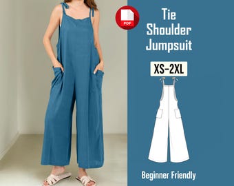 Jumpsuit Sewing pattern Women, Tie Shoulder Overall Jumpsuit Beginner PDF Pattern | XS-3XL