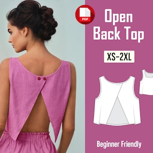 May include: A pink open-back top with a unique design, featuring a deep V-shaped opening in the back, secured with two buttons. The image also includes a pattern diagram and text that reads "Open Back Top" and "XS-2XL".