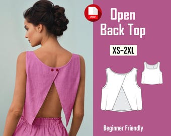 Open Back Top Sewing Pattern | Open Back Crop Top with button | Summer Top PDF Pattern | Size: XS-3XL