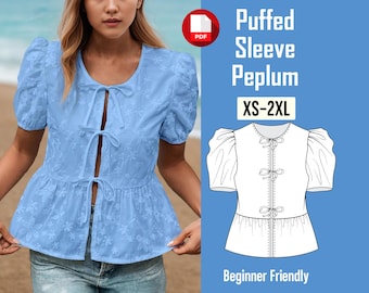 Puffed Sleeve Peplum PDF Top pattern | Tie Front Blouse Sewing Pattern | XS-3XL | Women Shirt Tie top pattern for Beginner, Summer Tank Top
