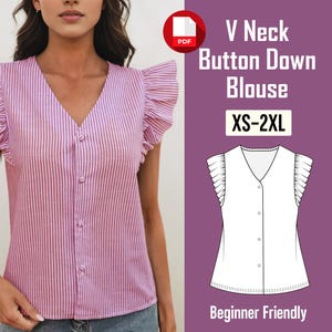 May include: A pink and white striped V-neck button-down blouse with ruffled sleeves. The blouse is buttoned up and has a relaxed fit. Text on the image reads "V Neck Button Down Blouse XS-2XL" and "Beginner Friendly".