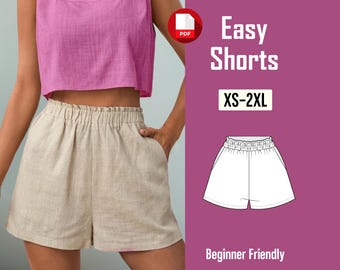 Easy Shorts Pattern | Women Elastic shorts with pockets PDF Sewing Pattern | XS-3XL | Waistband Shorts Beginner | Summer High Waist Shorts