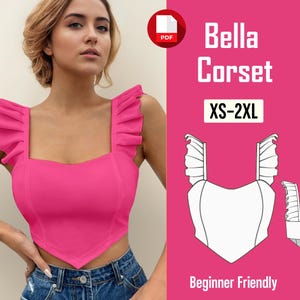 May include: A hot pink corset top with ruffled straps and a square neckline. The image also includes a diagram of the corset and the text "Bella Corset XS-2XL" and "Beginner Friendly".