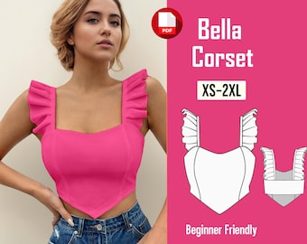 May include: A hot pink corset top with ruffled straps and a square neckline. The image also includes a diagram of the corset and the text "Bella Corset XS-2XL" and "Beginner Friendly".