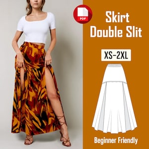 May include: A woman wearing a white crop top and a long skirt with double slits. The skirt features a vibrant pattern in shades of yellow, orange, and brown. Text on the image reads "Skirt Double Slit" and "XS-2XL".