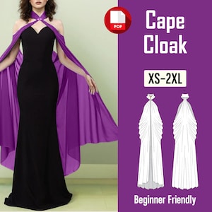 Könnte beinhalten: Ein schwarzes Kleid mit herzförmigem Ausschnitt und einem fließenden lila Umhang. Der Umhang ist an Schultern und Hals befestigt. Das Bild enthält auch den Text "Cape Cloak" und "XS-2XL".