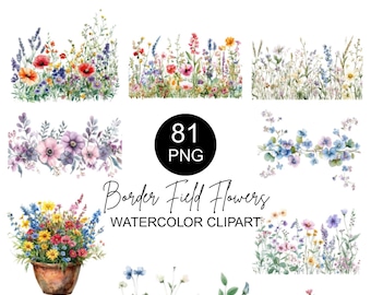 81 Border Field Flowers PNG Clipart – Wildflower Border Elements, Floral Frame PNG, Transparent Background, Commercial Use