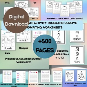 Peut inclure: Téléchargement numérique de feuilles de travail préscolaires, comprenant le traçage de l'alphabet, la coloration des chiffres et la pratique de l'écriture cursive. L'image présente diverses pages avec des illustrations colorées et du texte, dont "+500 PAGES".