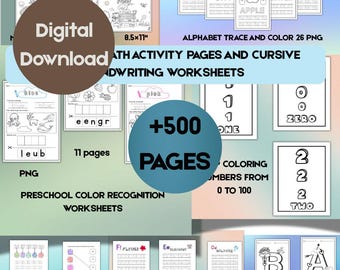 Preschool Math Worksheets and Cursive Handwriting,Printable Math Activities for Kids,Tracing Numbers & Letters PDF