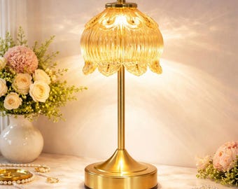 Amber Glass Lotus Flower Table Lamp, Rechargeable Dimmable Touch Control (5200mAh)