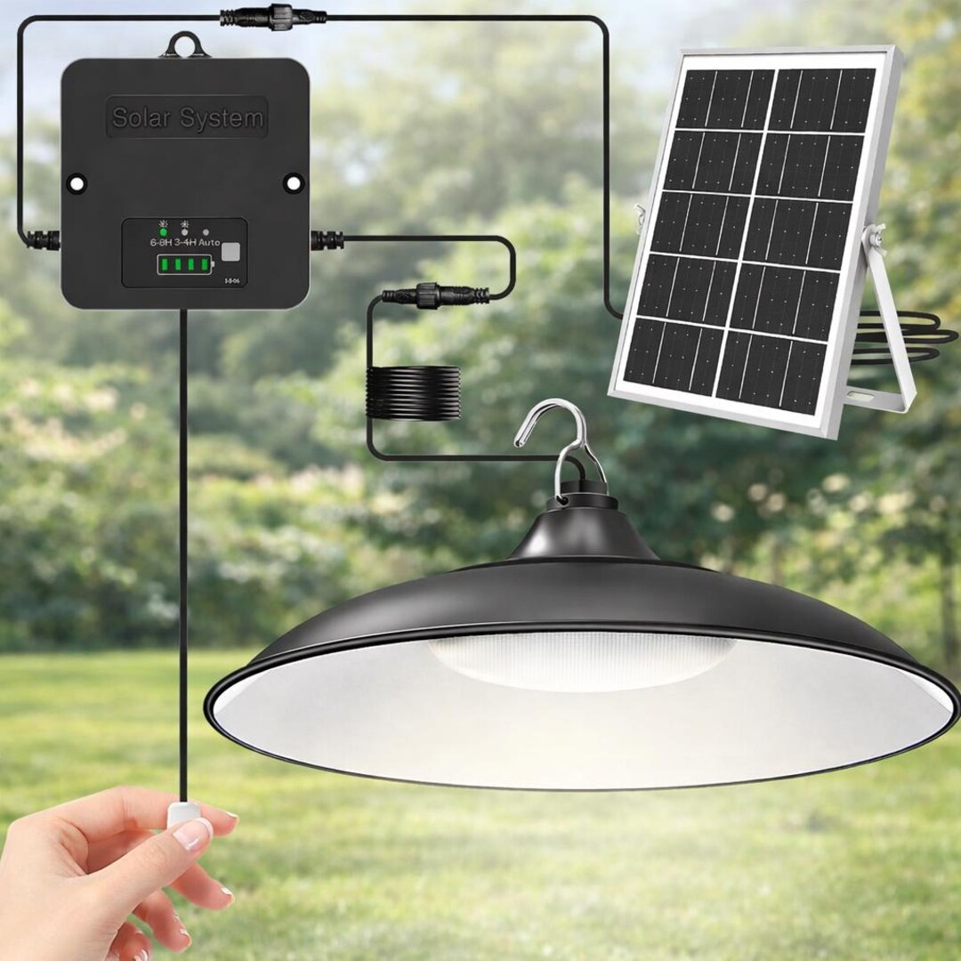 2000LM Solar Pendant Light, Waterproof Barn Lighting With Pull String ...