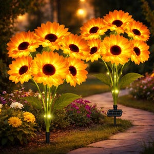 May include: Solar-powered sunflower garden lights. Each flower has bright yellow petals and a dark brown center. The lights are arranged in bouquets with green leaves and stems. A solar panel is visible in the background, and the lights are placed in a garden setting.