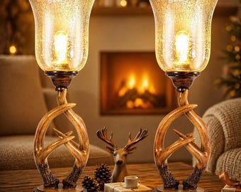 Rustic Table Lamps Set of 2, Farmhouse Bedside Lamp with USB Port, Dimmable Nightstand Lamp, Vintage Home Decor, Antler Style