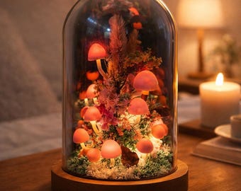 Mushroom Light, Glass Dome, USB Bedside Lighting, Wooden Base, Fairy Table Light