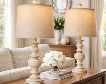 Set of 2 Rustic Farmhouse Table Lamps, Vintage Linen Nightstand Desk Lamps