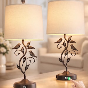 Set of 2 Farmhouse Table Lamps, Touch Control Bedside Nightstand Lamp, USB Charging Ports