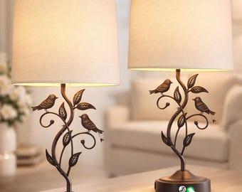 Set of 2 Farmhouse Table Lamps, Touch Control Bedside Nightstand Lamp, USB Charging Ports