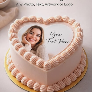 May include: A heart-shaped cake with a custom edible icing sheet. The cake is decorated with pink frosting and a border of piped rosettes. The icing sheet features a photo of a smiling person and the text "Your Text Here."