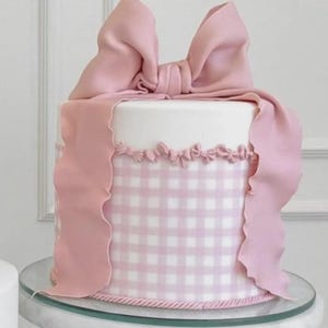 Pink Gingham Edible Icing Sheet for bow cake – Custom Cake wrap blue or pink | Perfect for Baby Showers, Birthdays, and Elegant Events