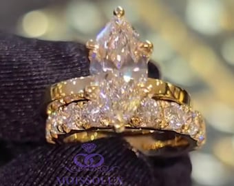 3.50 CT Marquise Cut Moissanite Wedding Bridal Set, 14K/18K Solid Gold, Round Half Eternity Band, Engagement Ring Set, Gift for Woman