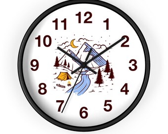 Mountain Camping Night Wall Clock with Forest and River Illustration