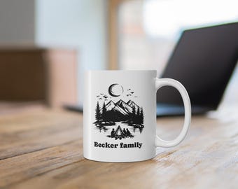 Personalized Family Camping Mug - Custom Surname Night Campfire Mountain Coffee Cup