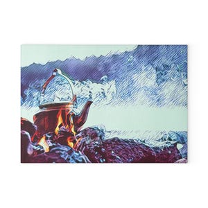 May include: A digital art print depicts a campfire scene with a kettle over the flames. The kettle is a reddish-brown color with a silver handle. The fire is bright orange and yellow, and the background is a cloudy sky.