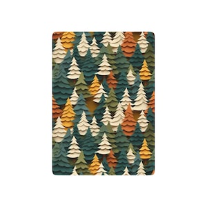 May include: A rectangular item featuring a repeating pattern of stylized evergreen trees in shades of green, yellow, orange, and white. The trees are layered, creating a textured, paper-cut effect. The overall design evokes a forest scene.