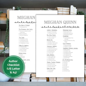 May include: Two white paper checklists featuring the author name Meghan Quinn in black text, with a list of book series and titles organized with checkboxes. A green circular badge on the left displays the text Author Checklist (US Letter & A5).